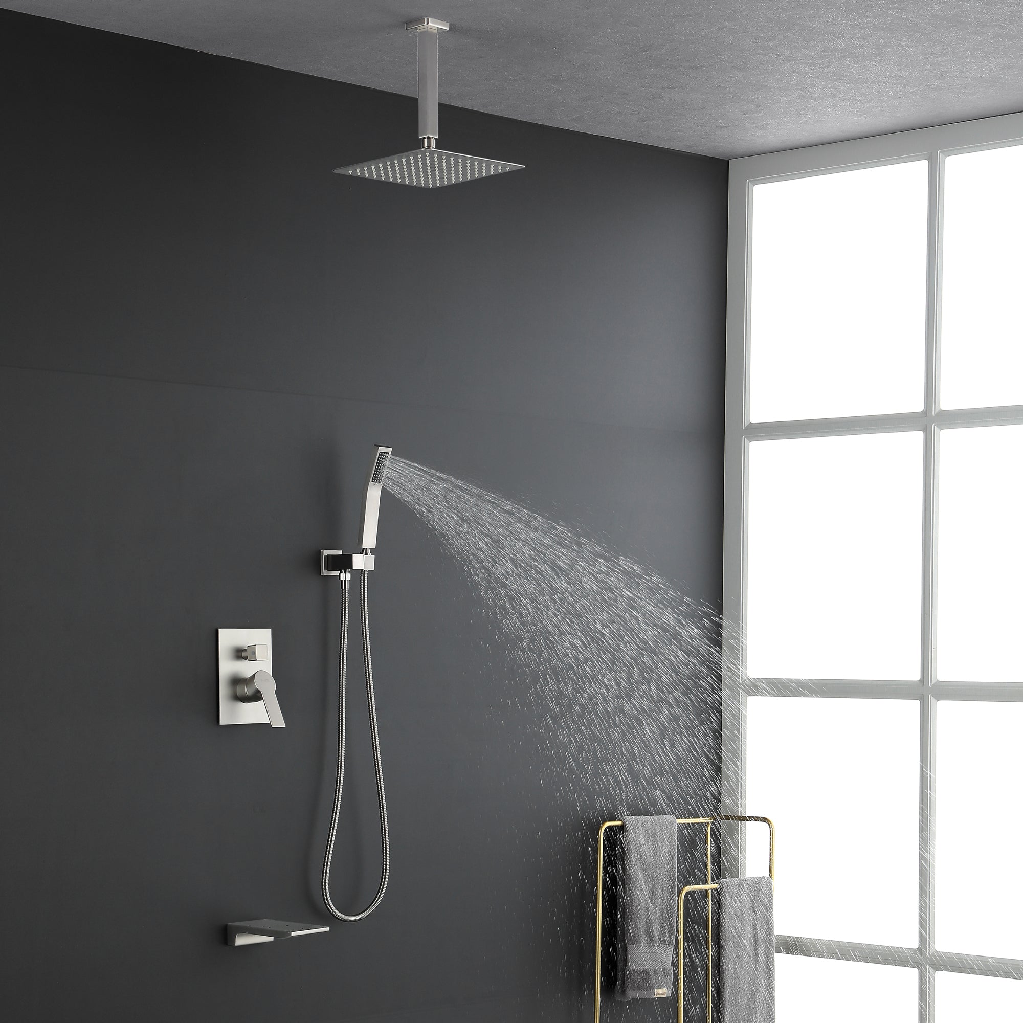 Ceiling Mounted Rain Shower System, Handheld Shower Head, 12" Rain Shower Faucet Sets