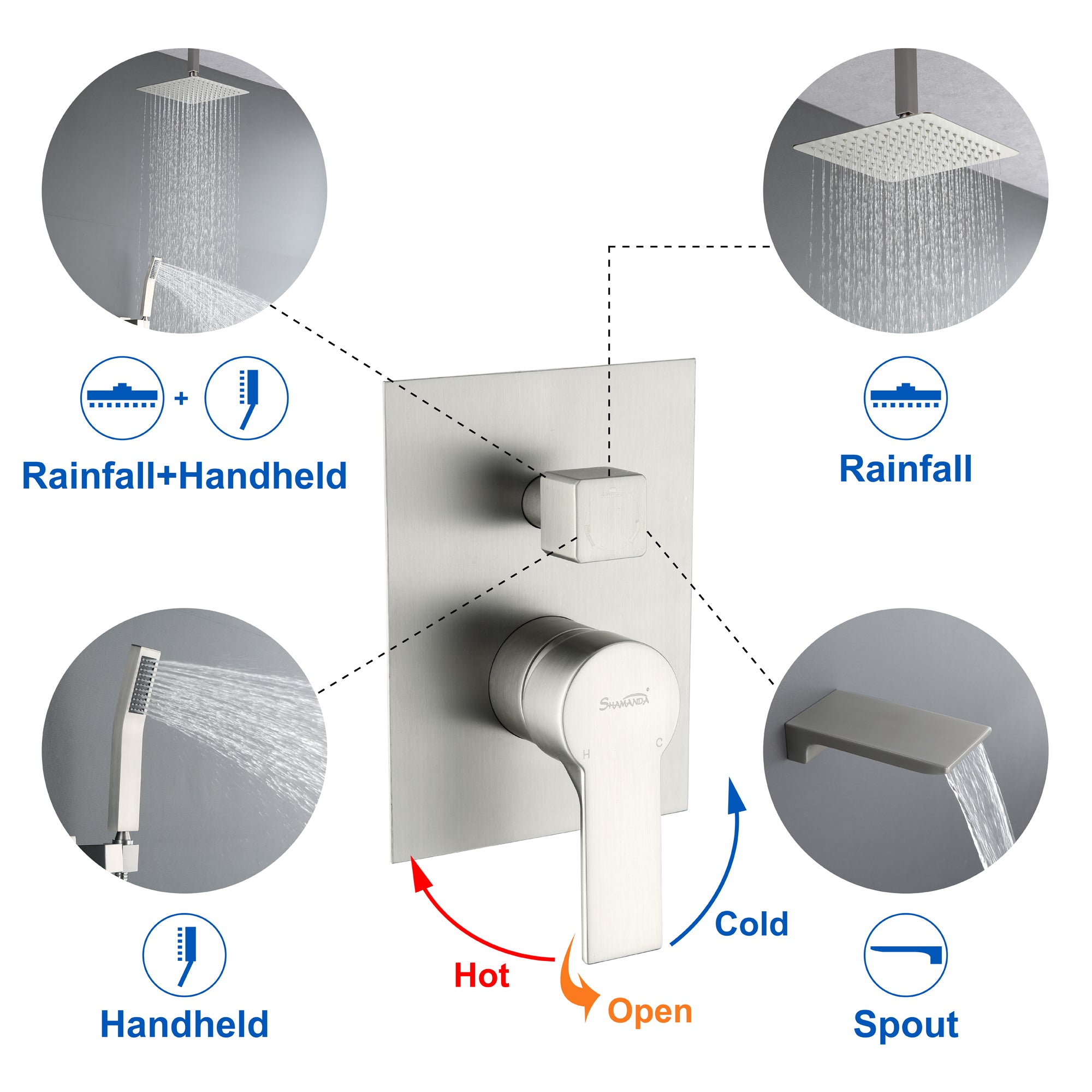 Ceiling Mounted Rain Shower System, Handheld Shower Head, 12" Rain Shower Faucet Sets