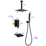 Ceiling Mount 10 Inch Black Shower System Faucet Waterfall Tub Complete with Matte Spout Set Square Luxury Rain Mixer Pressure Balancing 3-Function