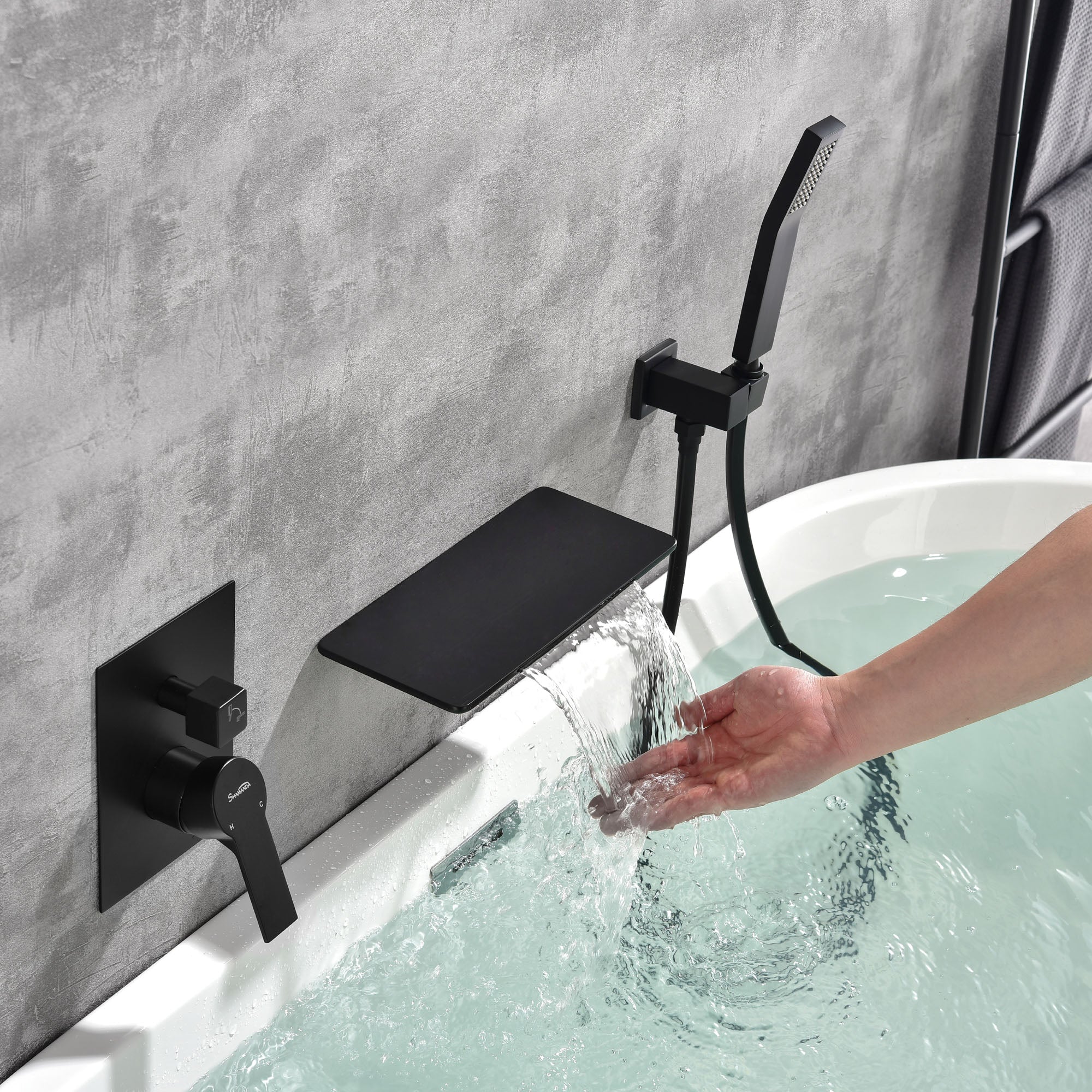 Wall Mount Tub Filler with Hand Shower, Single Handle Brass Tub Shower Faucet Set
