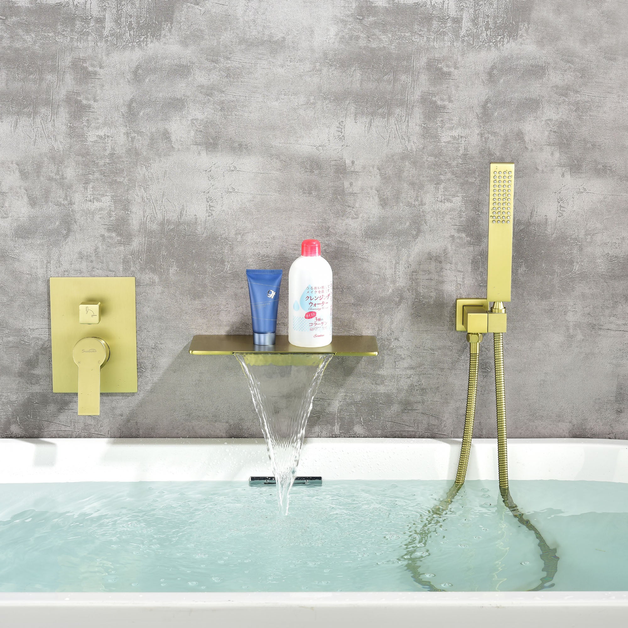 Waterfall Spout Wall Mounted Roman Tub Faucet with Handheld shower Modern Single Handle Tub Filler Solid Brass