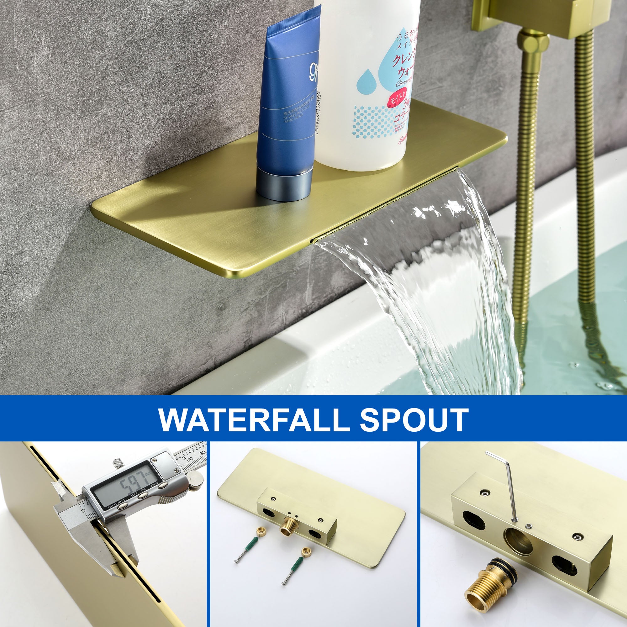 Waterfall Spout Wall Mounted Roman Tub Faucet with Handheld shower Modern Single Handle Tub Filler Solid Brass