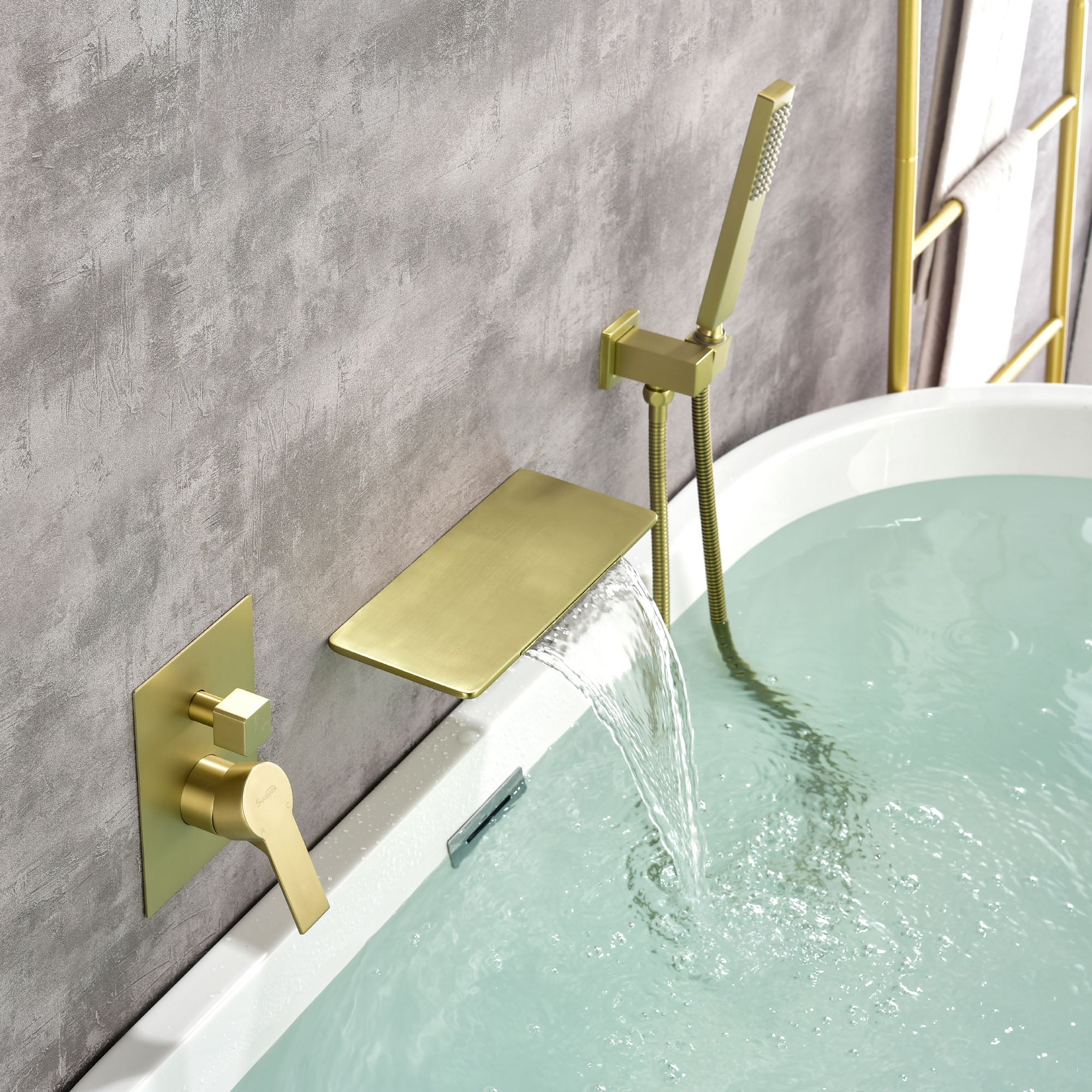 Waterfall Spout Wall Mounted Roman Tub Faucet with Handheld shower Modern Single Handle Tub Filler Solid Brass