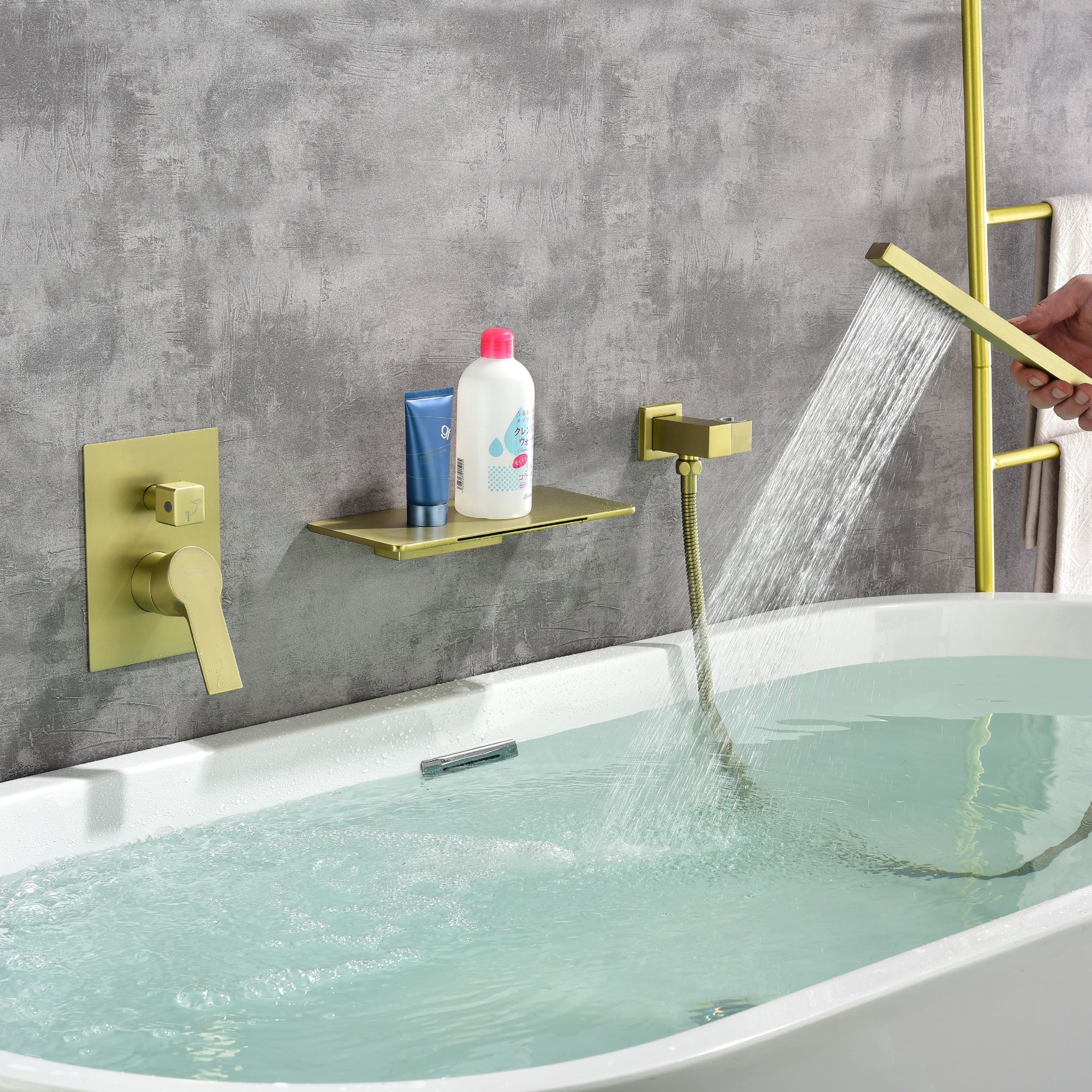 Waterfall Spout Wall Mounted Roman Tub Faucet with Handheld shower Modern Single Handle Tub Filler Solid Brass