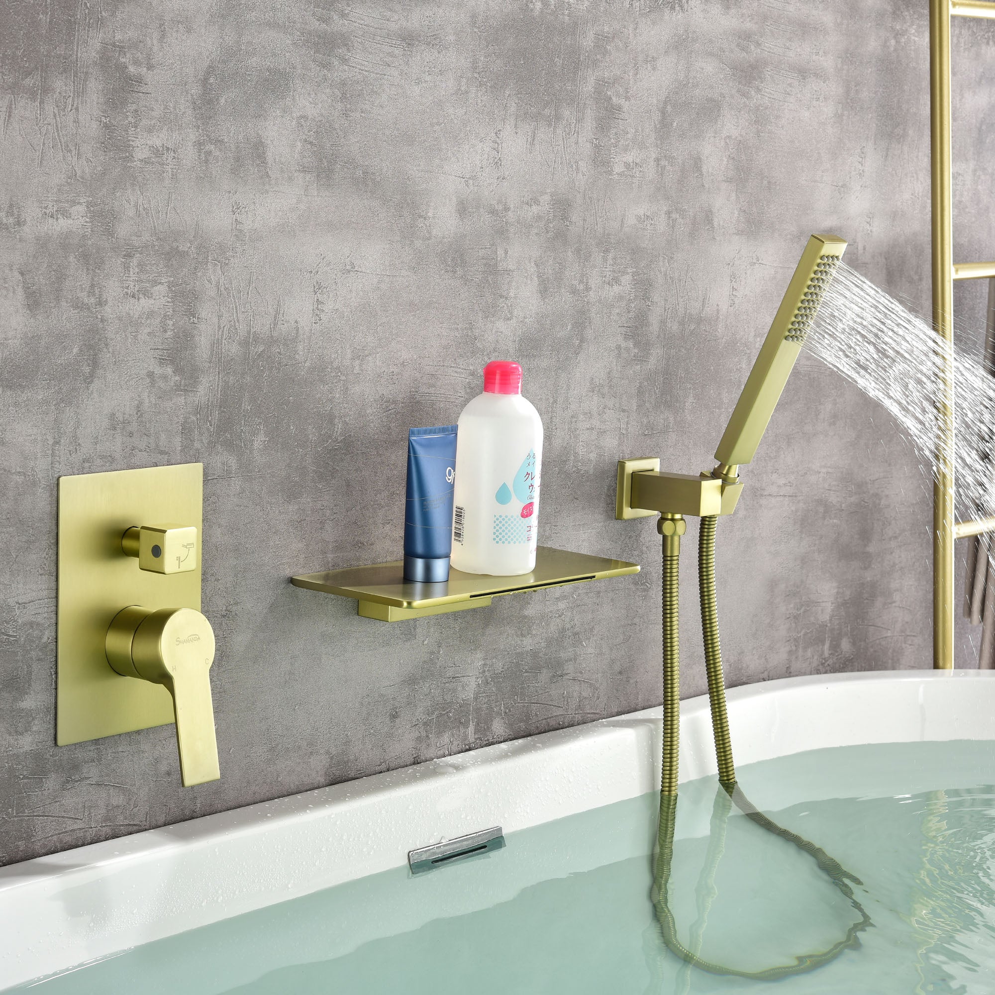 Waterfall Spout Wall Mounted Roman Tub Faucet with Handheld shower Modern Single Handle Tub Filler Solid Brass