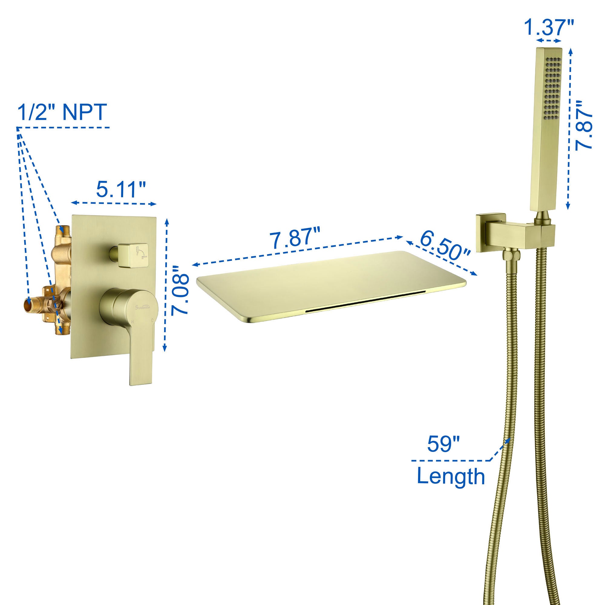Waterfall Spout Wall Mounted Roman Tub Faucet with Handheld shower Modern Single Handle Tub Filler Solid Brass