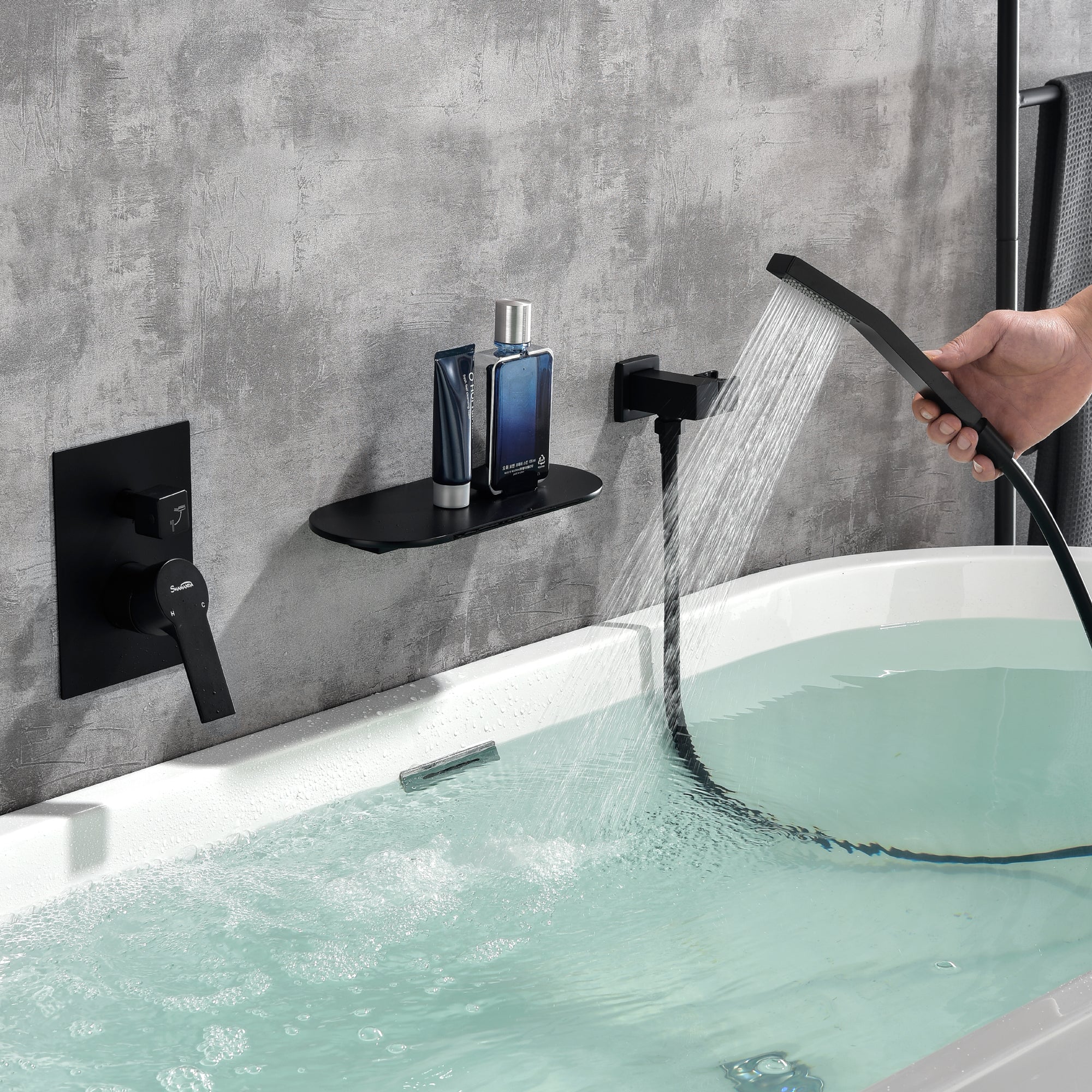 Waterfall Spout Wall Mounted Roman Tub Faucet with Handheld shower Modern Single Handle Tub Filler Solid Brass