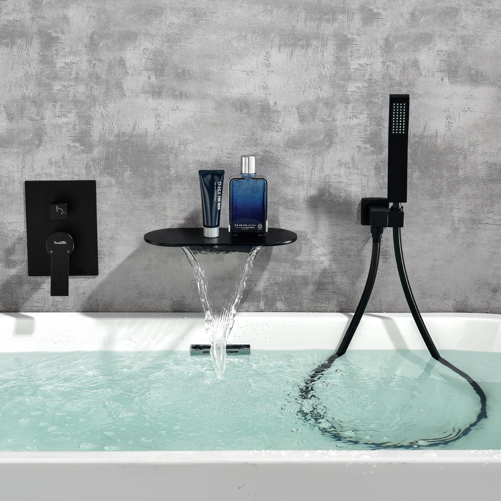 Waterfall Spout Wall Mounted Roman Tub Faucet with Handheld shower Modern Single Handle Tub Filler Solid Brass