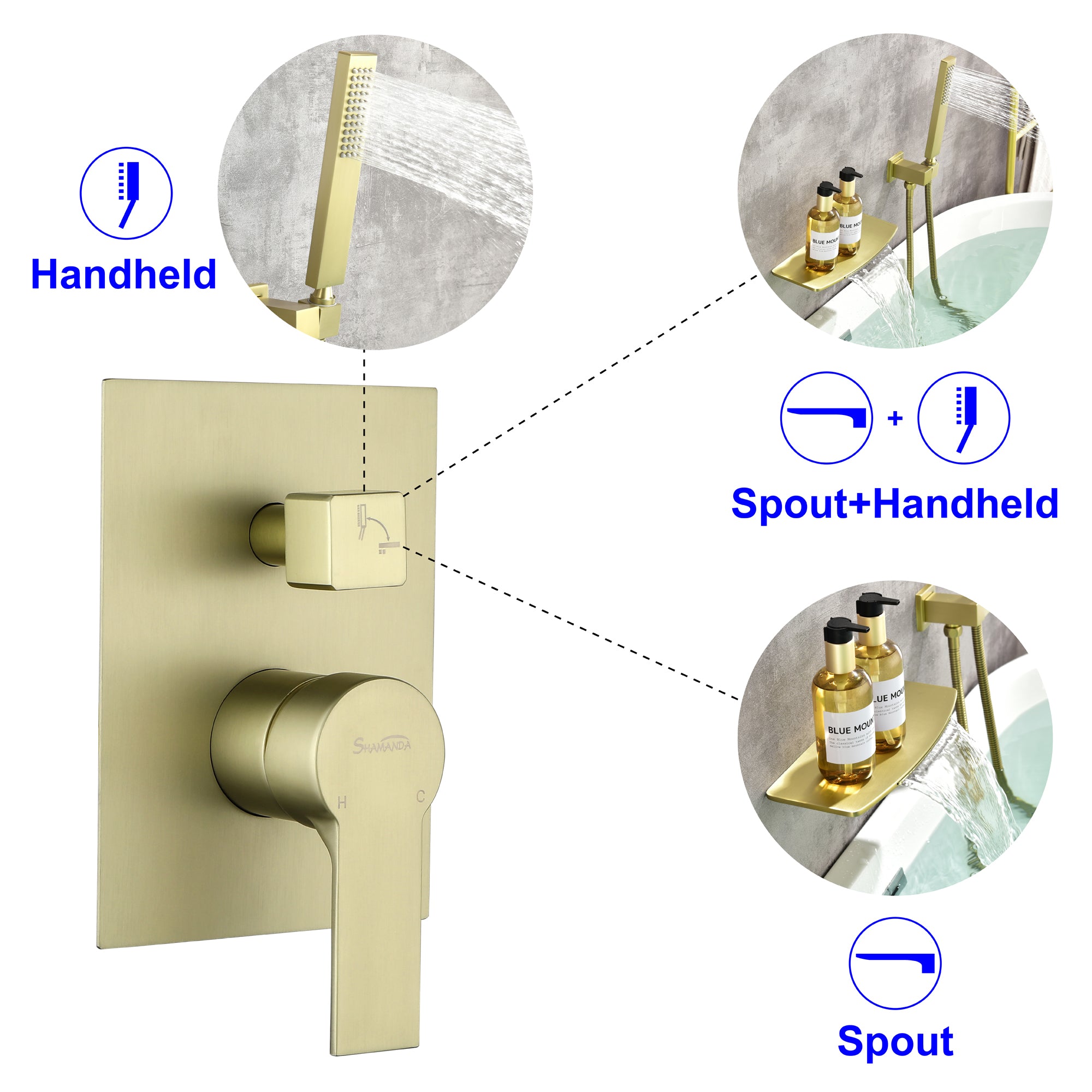 Wall Mount Tub Filler with Hand Shower, Single Handle Brass Tub Shower Faucet Set