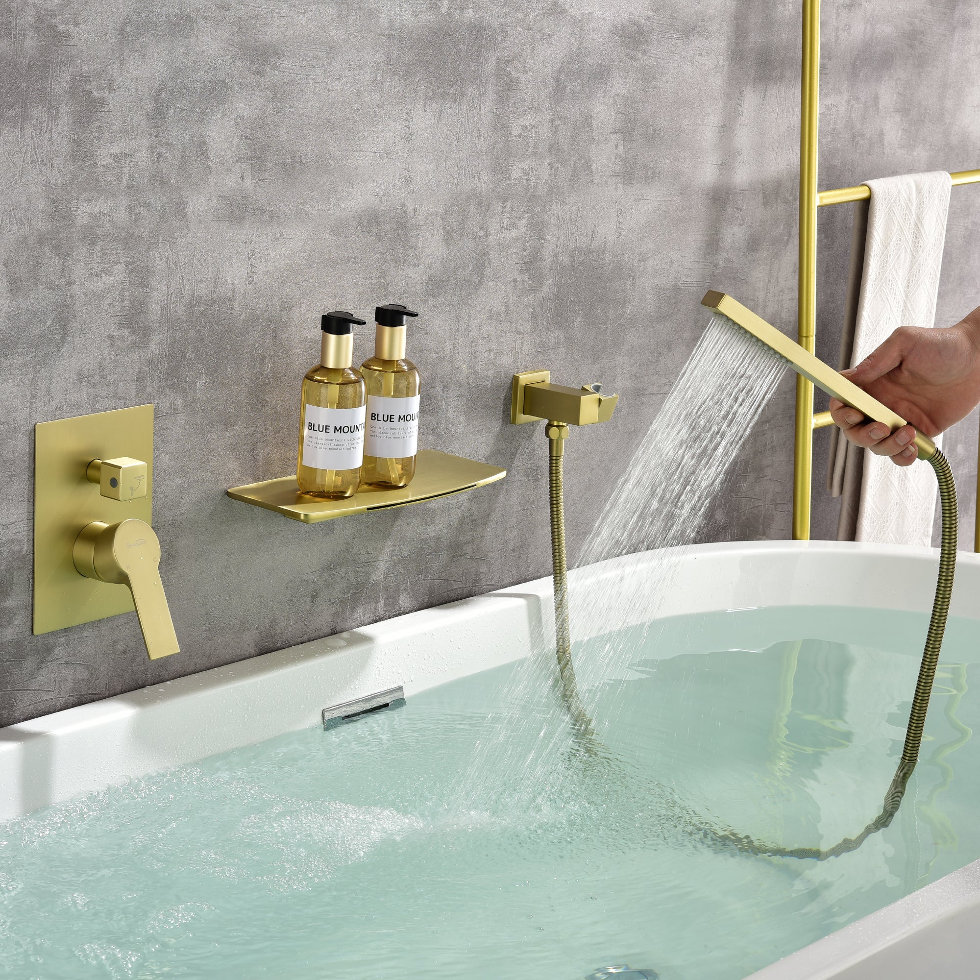 Wall Mount Tub Filler with Hand Shower, Single Handle Brass Tub Shower Faucet Set