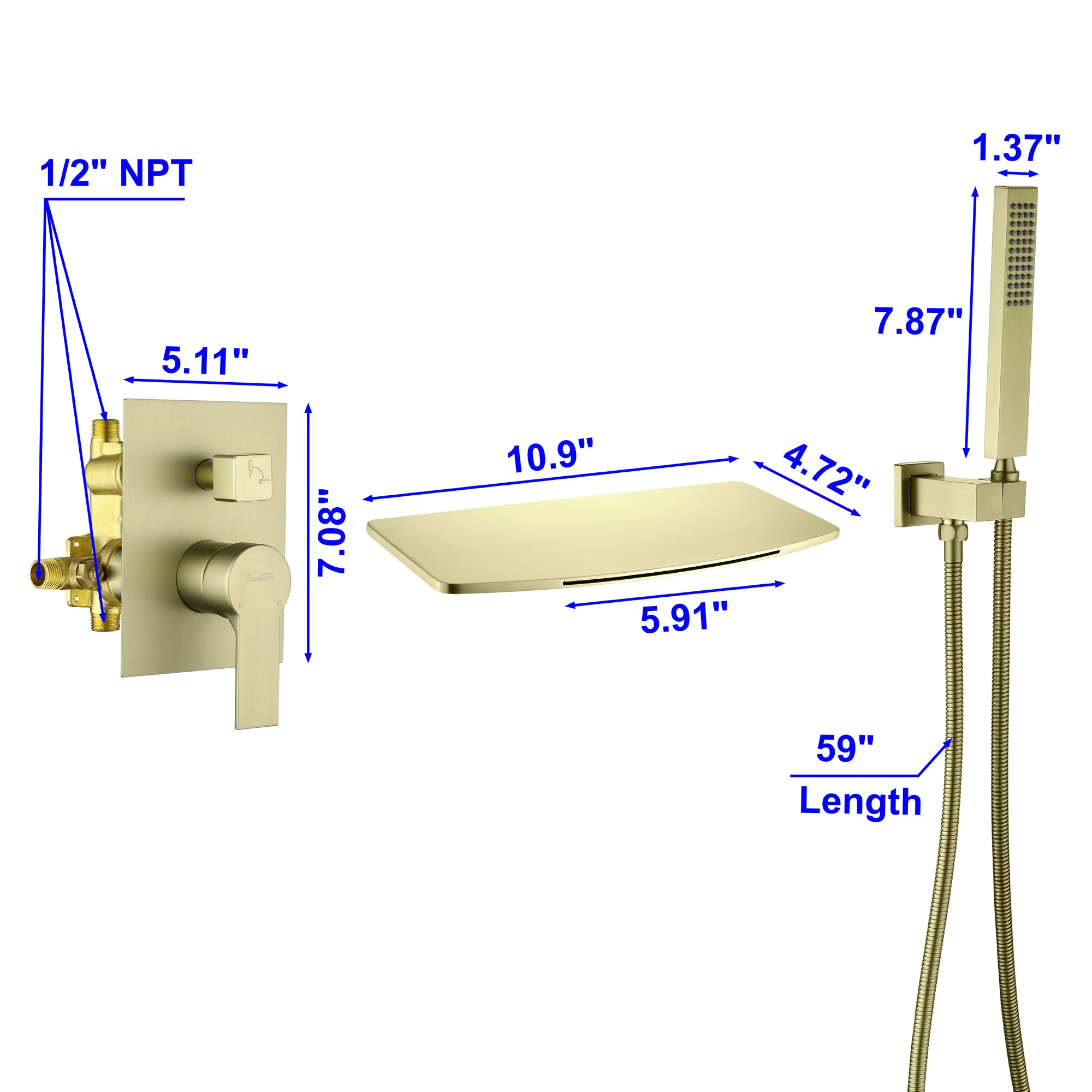 Wall Mount Tub Filler with Hand Shower, Single Handle Brass Tub Shower Faucet Set