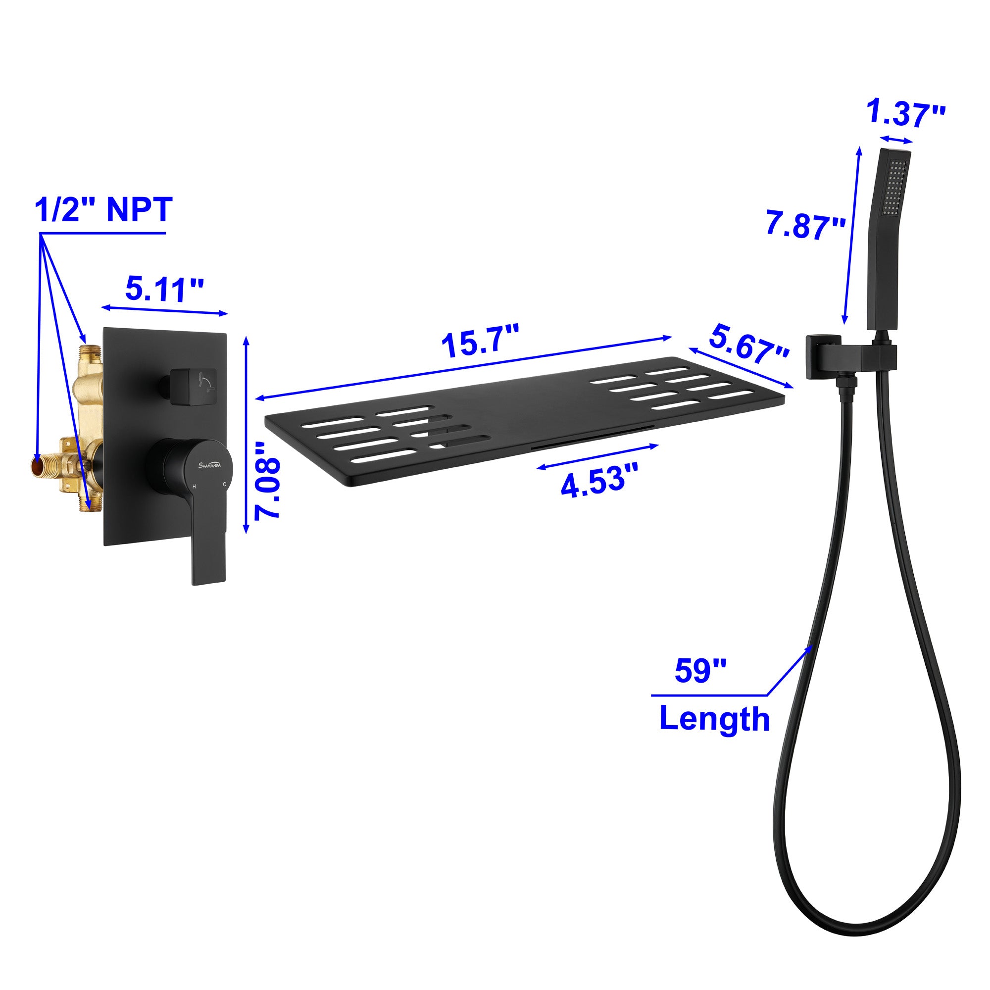 Waterfall Spout Wall Mounted Roman Tub Faucet with Handheld shower Modern Single Handle Tub Filler Solid Brass