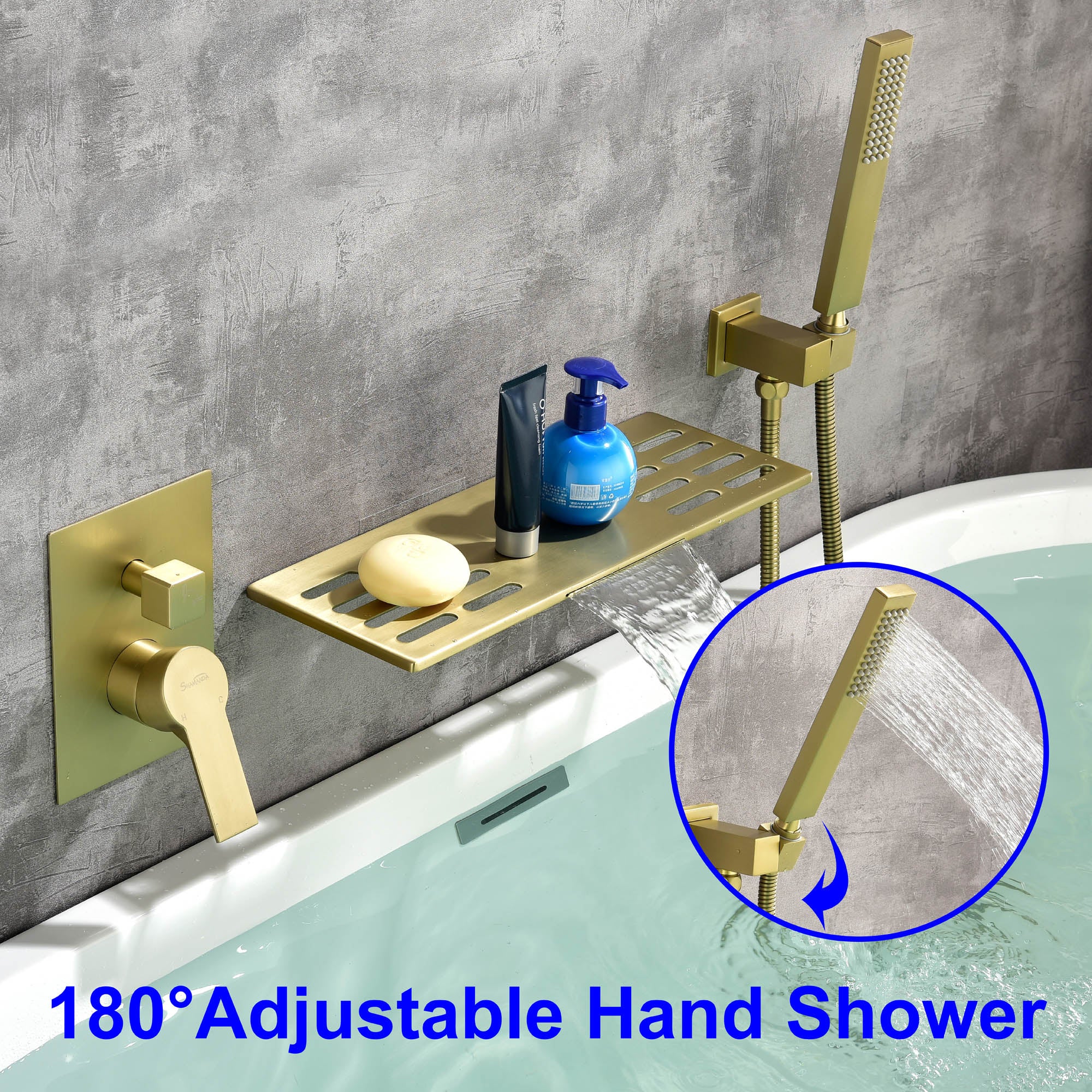 Waterfall Spout Wall Mounted Roman Tub Faucet with Handheld shower Modern Single Handle Tub Filler Solid Brass