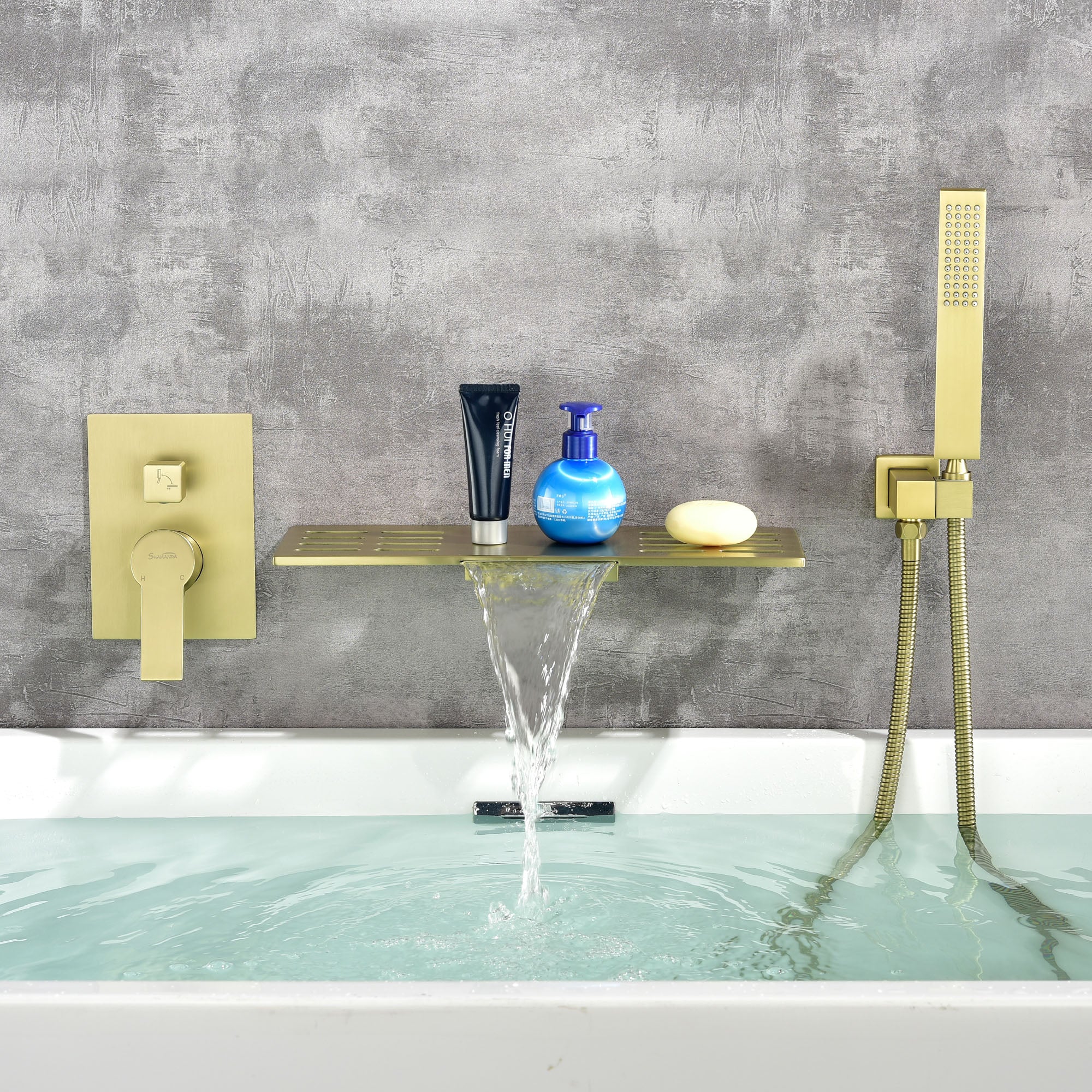 Waterfall Spout Wall Mounted Roman Tub Faucet with Handheld shower Modern Single Handle Tub Filler Solid Brass