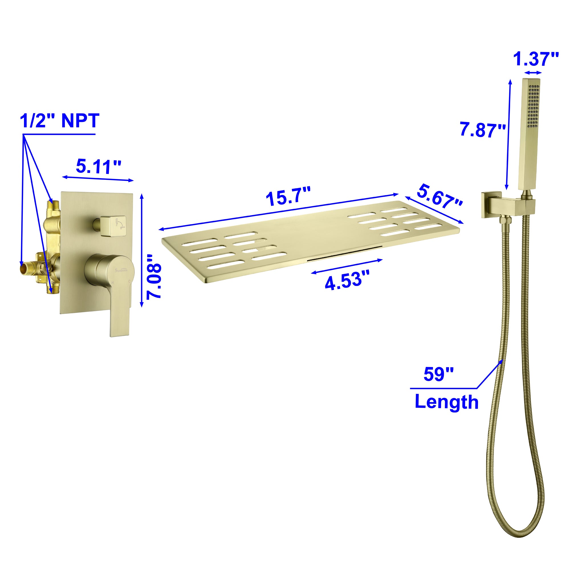 Waterfall Spout Wall Mounted Roman Tub Faucet with Handheld shower Modern Single Handle Tub Filler Solid Brass