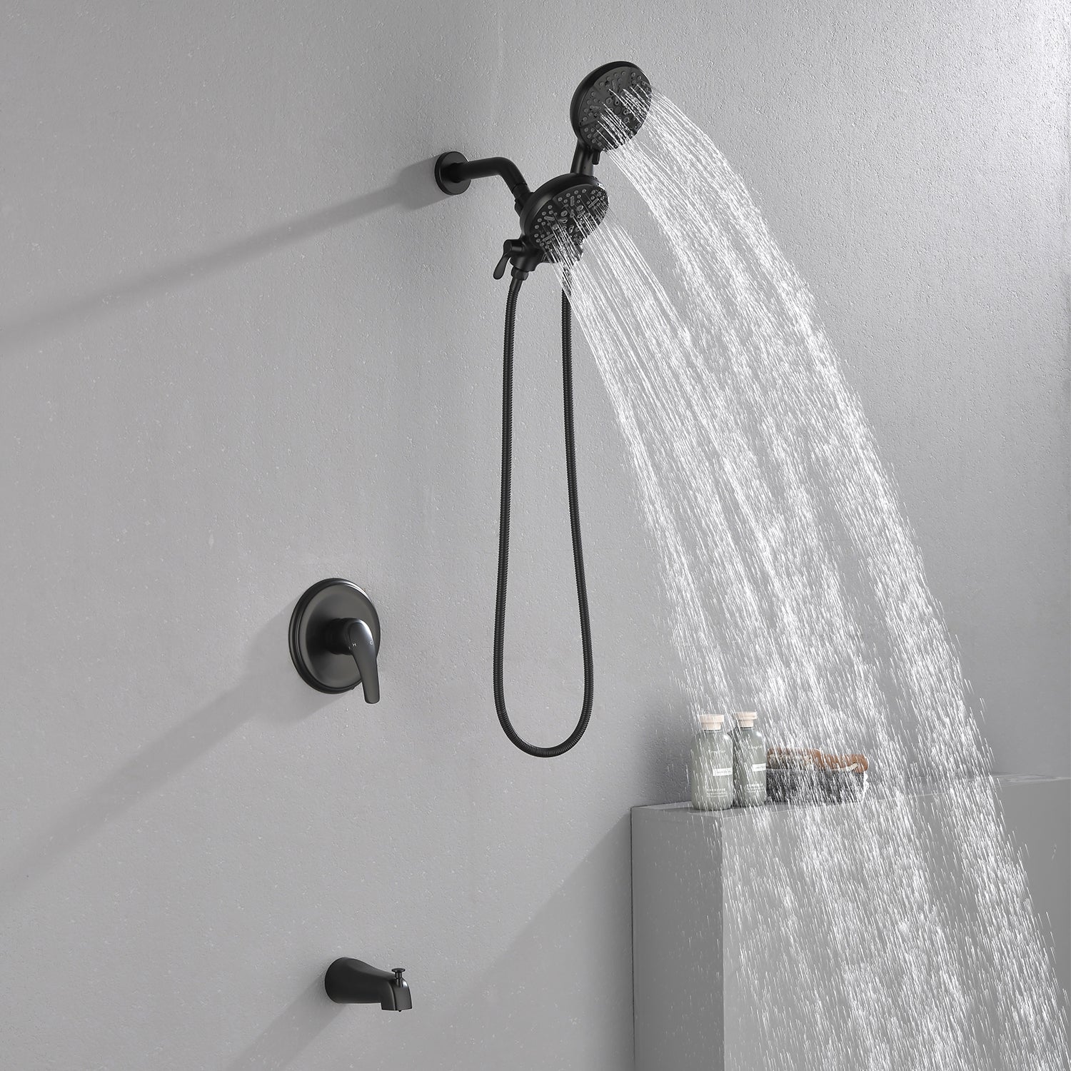 Shower Faucets Sets Complete with Tub & Valve, 48 Setting Dual 2-in-1 High Pressure Rain & Handheld Shower Head System with 3-Way Water Diverter & Shower Trim Kit