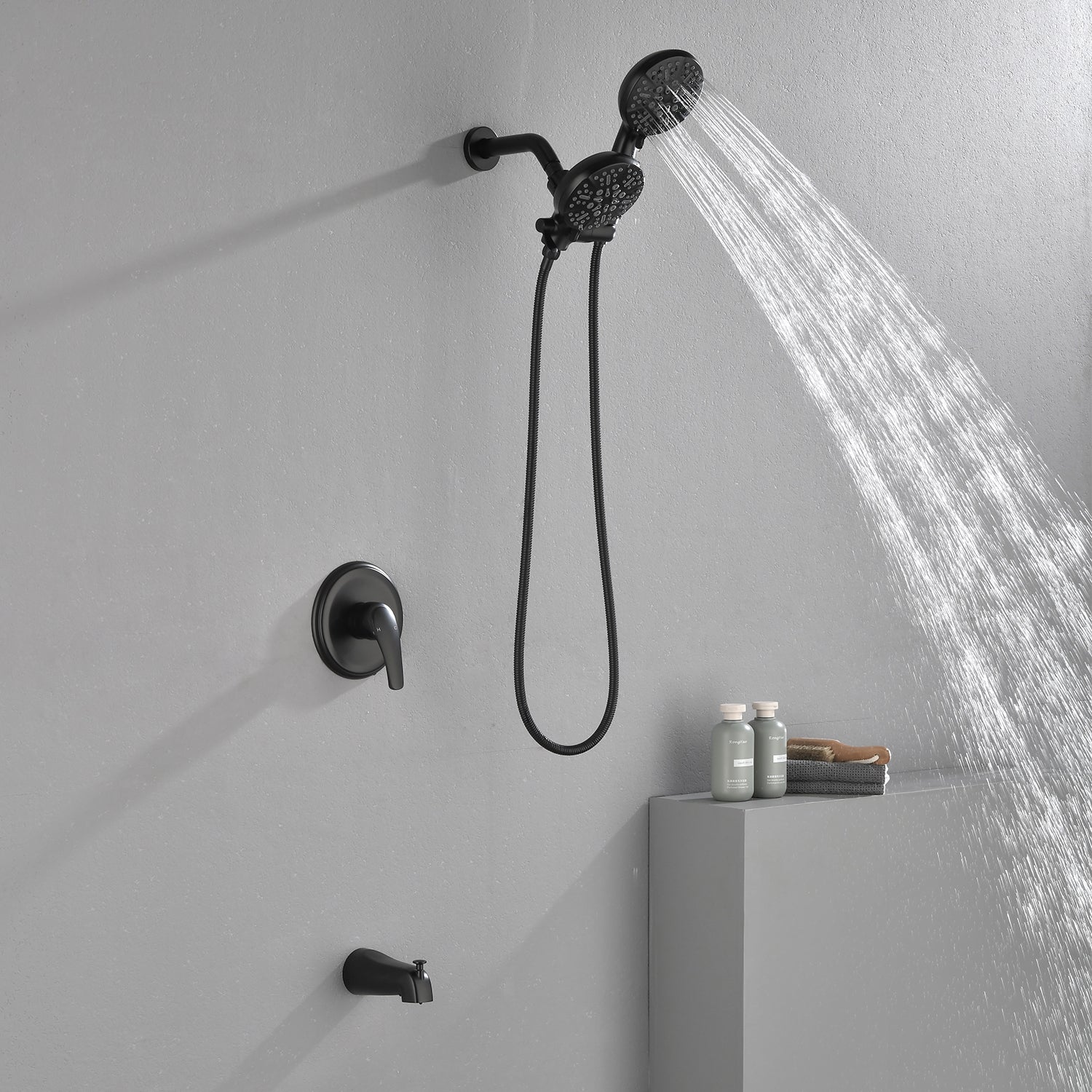 Shower Faucets Sets Complete with Tub & Valve, 48 Setting Dual 2-in-1 High Pressure Rain & Handheld Shower Head System with 3-Way Water Diverter & Shower Trim Kit
