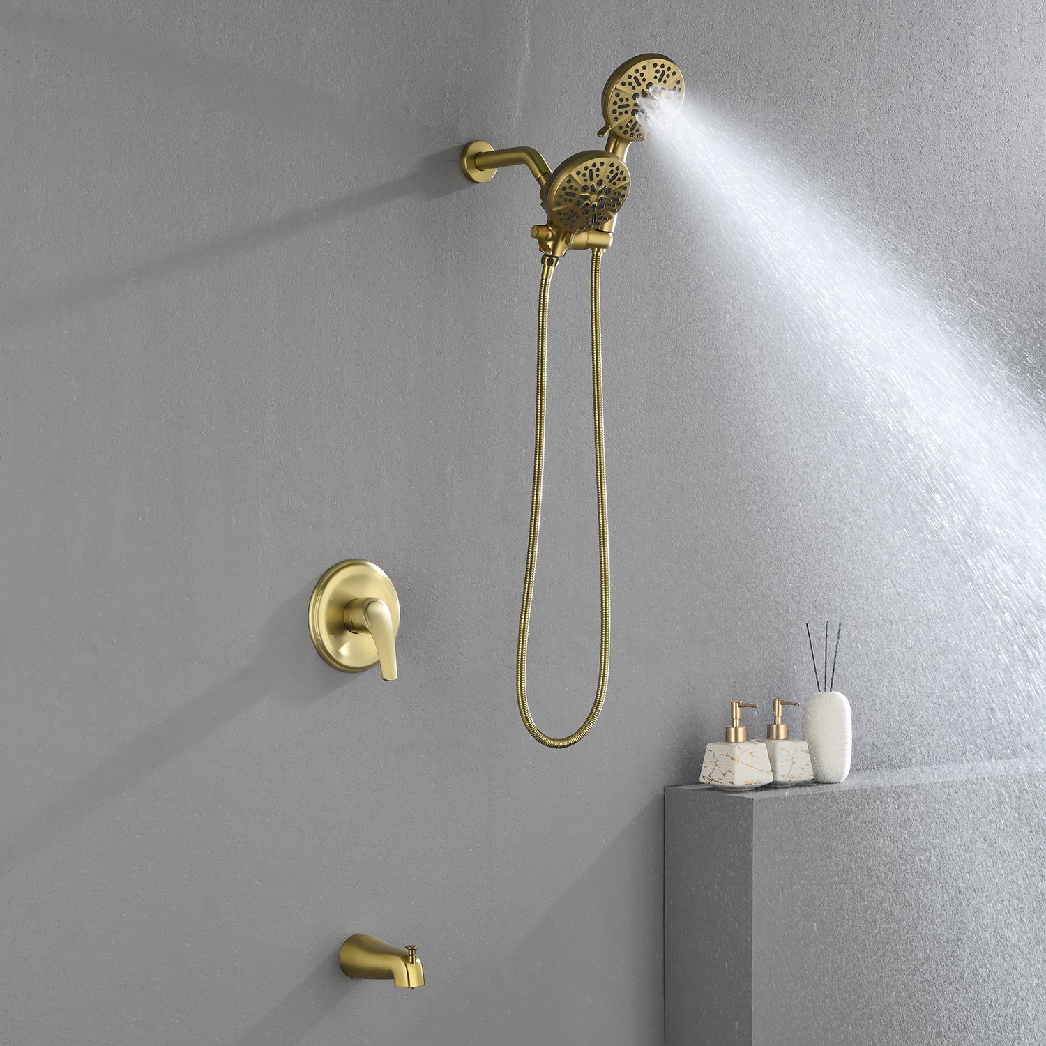 Shower Faucets Sets Complete with Tub & Valve, 48 Setting Dual 2-in-1 High Pressure Rain & Handheld Shower Head System with 3-Way Water Diverter & Shower Trim Kit