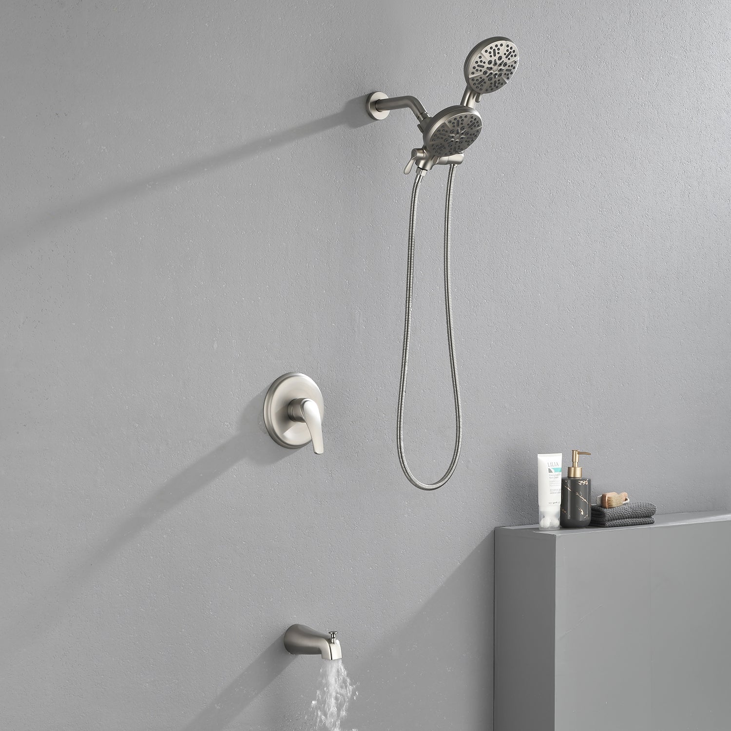 Shower Faucets Sets Complete with Tub & Valve, 48 Setting Dual 2-in-1 High Pressure Rain & Handheld Shower Head System with 3-Way Water Diverter & Shower Trim Kit