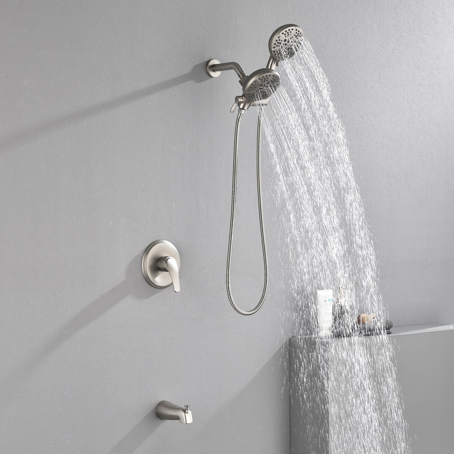 Shower Faucets Sets Complete with Tub & Valve, 48 Setting Dual 2-in-1 High Pressure Rain & Handheld Shower Head System with 3-Way Water Diverter & Shower Trim Kit