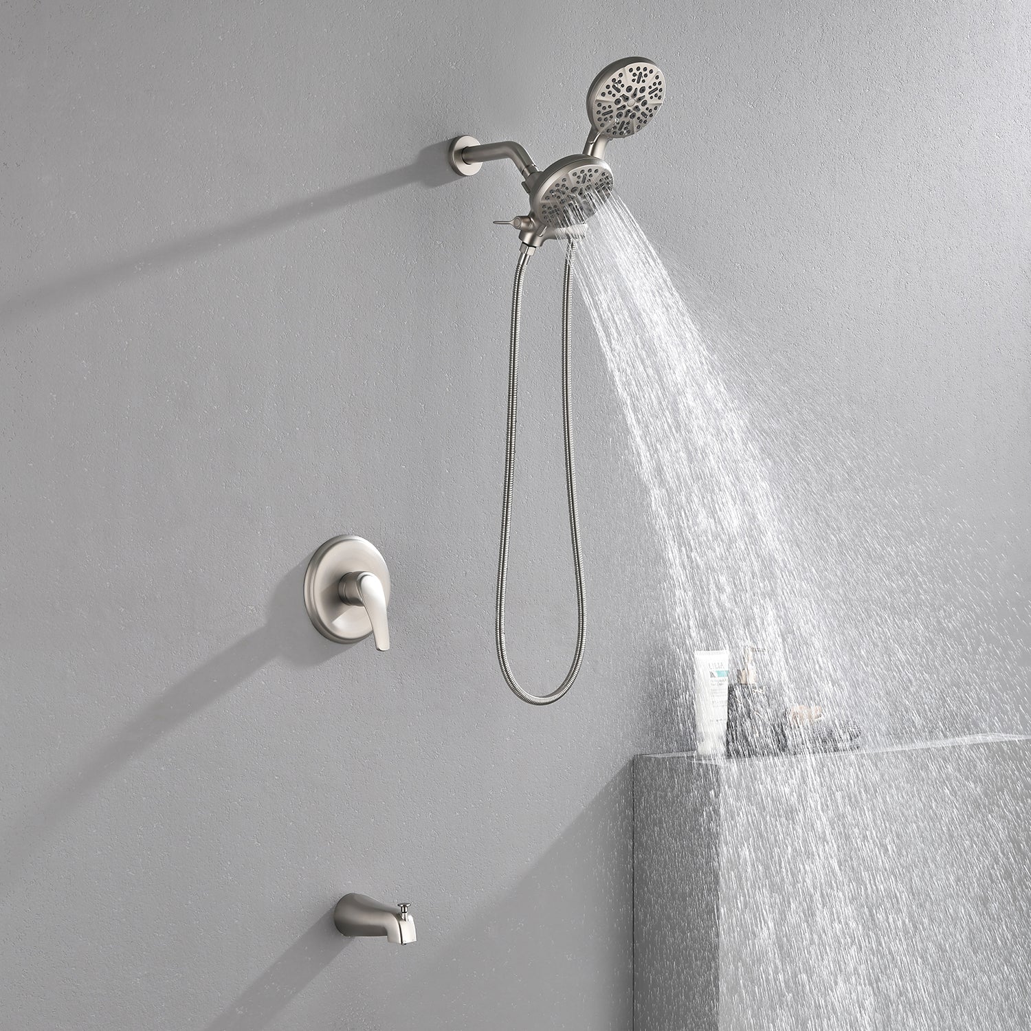 Shower Faucets Sets Complete with Tub & Valve, 48 Setting Dual 2-in-1 High Pressure Rain & Handheld Shower Head System with 3-Way Water Diverter & Shower Trim Kit