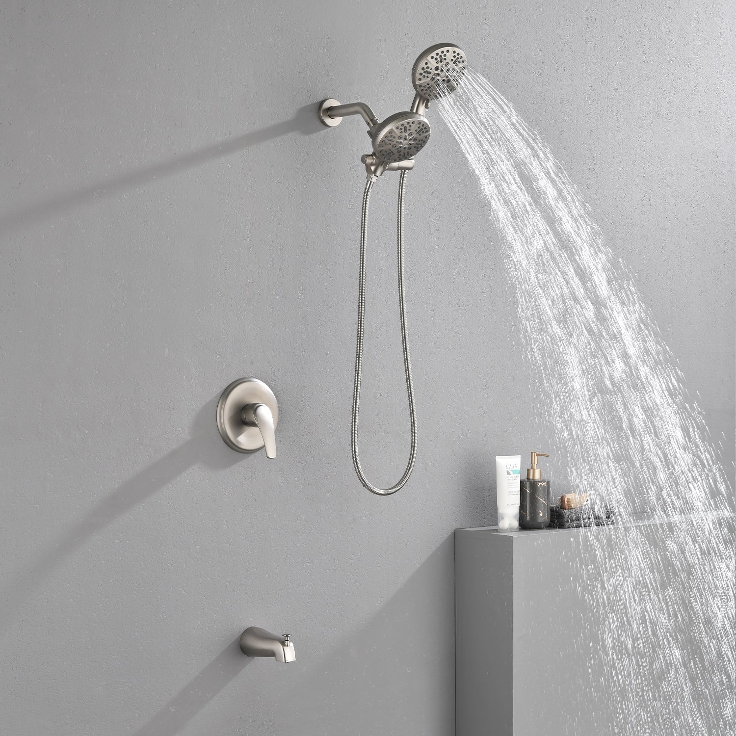 Shower Faucets Sets Complete with Tub & Valve, 48 Setting Dual 2-in-1 High Pressure Rain & Handheld Shower Head System with 3-Way Water Diverter & Shower Trim Kit