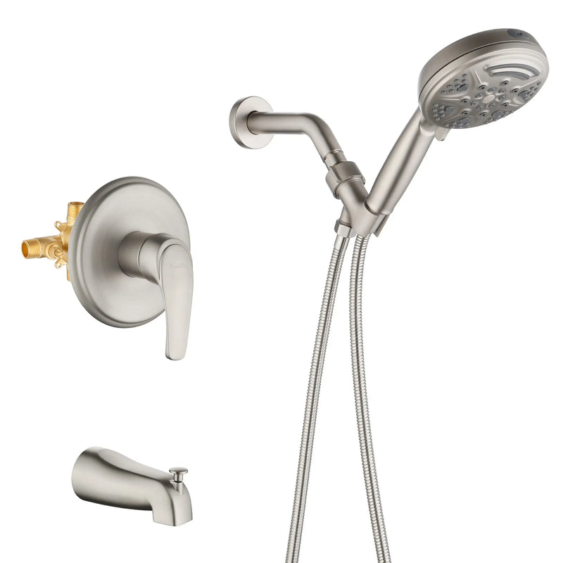 1-Handle Shower Trim Kit with Tub Spout, 9 Ways ABS Hand Shower, Pressure-Balancing Mixing Valve 1-handle-shower-trim-kit-with-tub-spout-9-ways-abs-hand-shower-pressure-balancing-mixing-valve Brushed Nickel / Brass & SUS304 & ABS / 6.7*6.7*9.8 inches