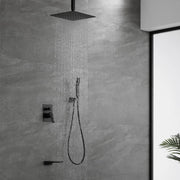 1-handle 3 way Rain Shower System with Handheld Shower, 12" Ceiling Mounted Overhead Shower & Waterfall Bath Spout ceiling-rain-shower-system-12in-handheld-matte-black Matt Black / ‎12" shower head / Brass