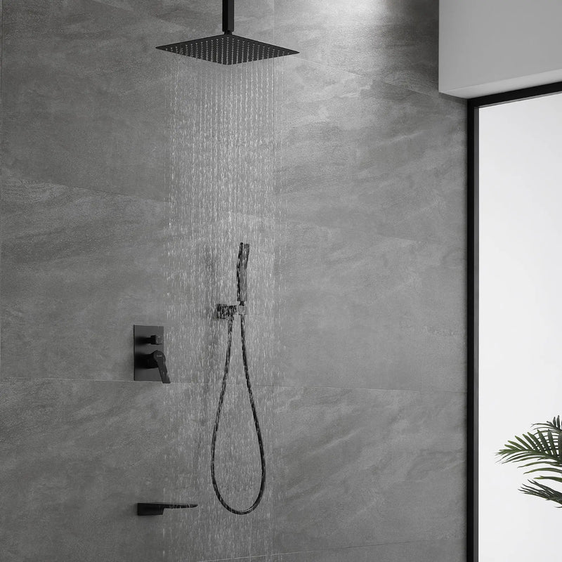 1-handle 3 way Rain Shower System with Handheld Shower, 12" Ceiling Mounted Overhead Shower & Waterfall Bath Spout ceiling-rain-shower-system-12in-handheld-matte-black Matt Black / ‎12" shower head / Brass