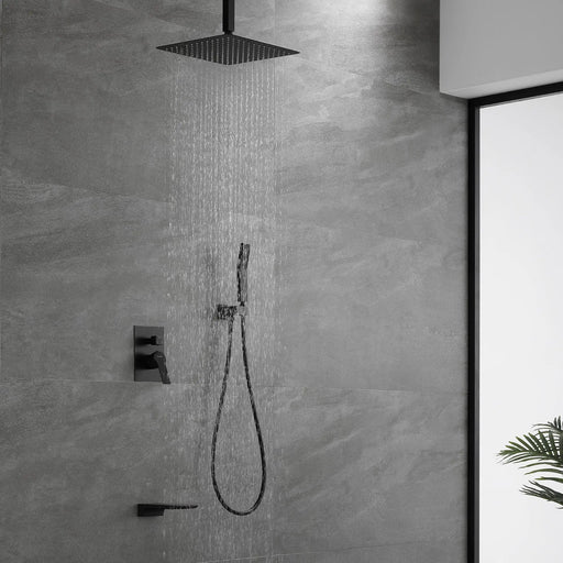 1-handle 3 way Rain Shower System with Handheld Shower, 12" Ceiling Mounted Overhead Shower & Waterfall Bath Spout ceiling-rain-shower-system-12in-handheld-matte-black Matt Black / ‎12" shower head / Brass