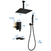 1-handle 3 way Rain Shower System with Handheld Shower, 12" Ceiling Mounted Overhead Shower & Waterfall Bath Spout ceiling-rain-shower-system-12in-handheld-matte-black 