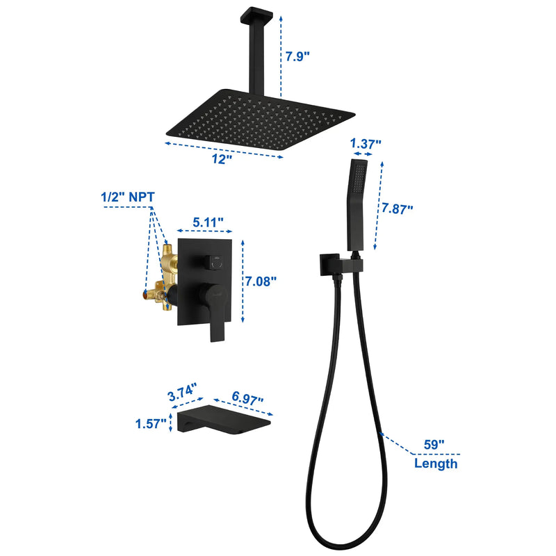1-handle 3 way Rain Shower System with Handheld Shower, 12" Ceiling Mounted Overhead Shower & Waterfall Bath Spout ceiling-rain-shower-system-12in-handheld-matte-black 