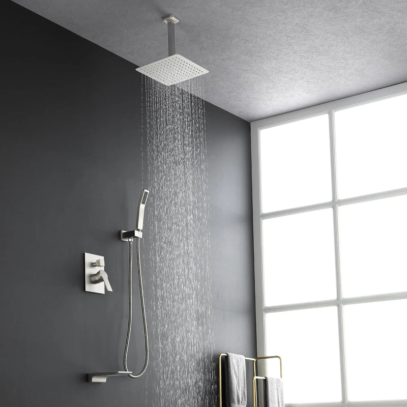 1-handle 3 way Rain Shower System with Handheld Shower, 12" Ceiling Mounted Overhead Shower & Waterfall Bath Spout ceiling-rain-shower-system-12in-handheld-matte-black ‎Brushed Nickel / ‎12" shower head / Brass