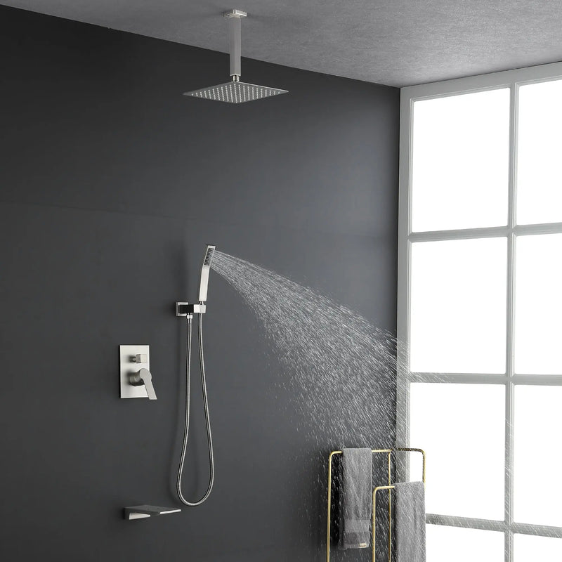 1-handle 3 way Rain Shower System with Handheld Shower, 12" Ceiling Mounted Overhead Shower & Waterfall Bath Spout ceiling-rain-shower-system-12in-handheld-matte-black 