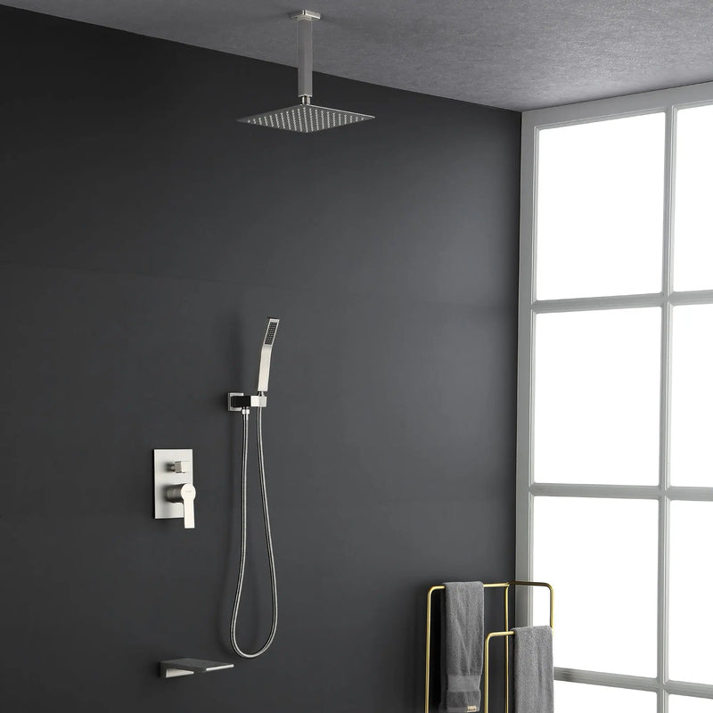 1-handle 3 way Rain Shower System with Handheld Shower, 12" Ceiling Mounted Overhead Shower & Waterfall Bath Spout ceiling-rain-shower-system-12in-handheld-matte-black 