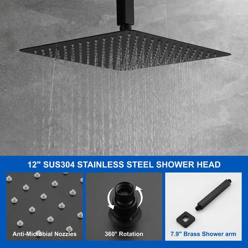 1-handle 3 way Rain Shower System with Handheld Shower, 12" Ceiling Mounted Overhead Shower & Waterfall Bath Spout ceiling-rain-shower-system-12in-handheld-matte-black 