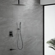 1-handle 3 way Rain Shower System with Handheld Shower, 12" Ceiling Mounted Overhead Shower & Waterfall Bath Spout ceiling-rain-shower-system-12in-handheld-matte-black 