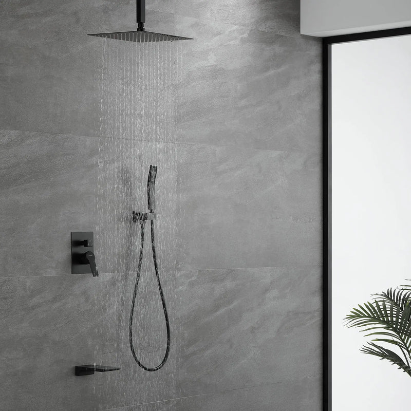 1-handle 3 way Rain Shower System with Handheld Shower, 12" Ceiling Mounted Overhead Shower & Waterfall Bath Spout ceiling-rain-shower-system-12in-handheld-matte-black 