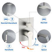 1-handle 3 way Rain Shower System with Handheld Shower, 12" Ceiling Mounted Overhead Shower & Waterfall Bath Spout ceiling-rain-shower-system-12in-handheld-matte-black 