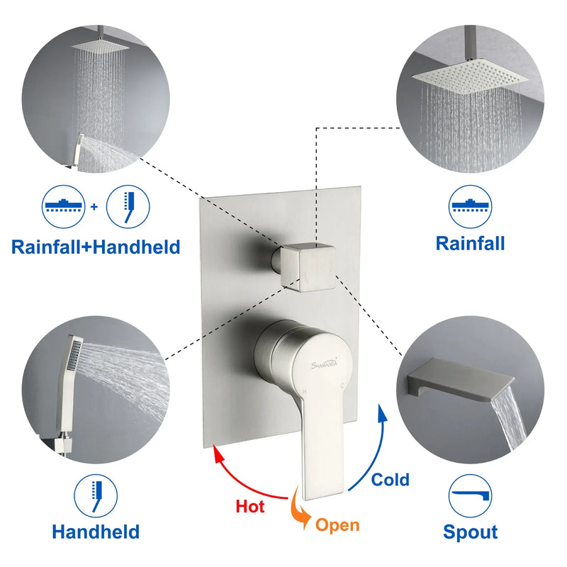 1-handle 3 way Rain Shower System with Handheld Shower, 12" Ceiling Mounted Overhead Shower & Waterfall Bath Spout ceiling-rain-shower-system-12in-handheld-matte-black 