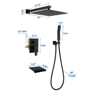 12 Inch Black Shower System Faucet 3-Function Waterfall Tub Complete with Matte Spout Set Square Luxury Wall Mount Rain Mixer shamanda-12-inch-tub-shower-system-matte-black 