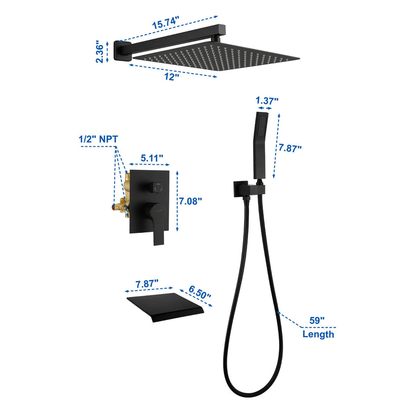 12 Inch Black Shower System Faucet 3-Function Waterfall Tub Complete with Matte Spout Set Square Luxury Wall Mount Rain Mixer shamanda-12-inch-tub-shower-system-matte-black 