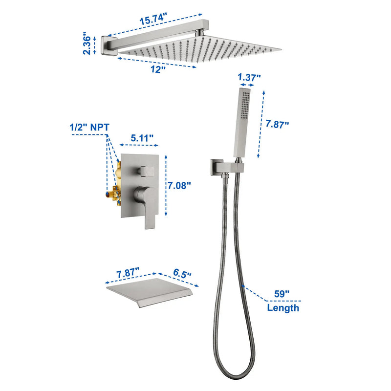 12 Inch Black Shower System Faucet 3-Function Waterfall Tub Complete with Matte Spout Set Square Luxury Wall Mount Rain Mixer shamanda-12-inch-tub-shower-system-matte-black 