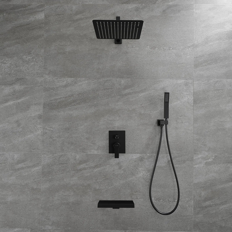 12 Inch Black Shower System Faucet 3-Function Waterfall Tub Complete with Matte Spout Set Square Luxury Wall Mount Rain Mixer shamanda-12-inch-tub-shower-system-matte-black 