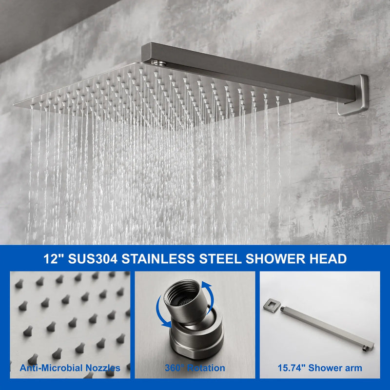 12 Inch Black Shower System Faucet 3-Function Waterfall Tub Complete with Matte Spout Set Square Luxury Wall Mount Rain Mixer shamanda-12-inch-tub-shower-system-matte-black 