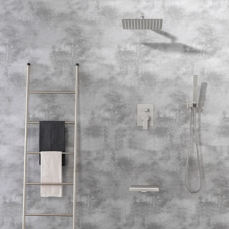 12 Inch Black Shower System Faucet 3-Function Waterfall Tub Complete with Matte Spout Set Square Luxury Wall Mount Rain Mixer shamanda-12-inch-tub-shower-system-matte-black 