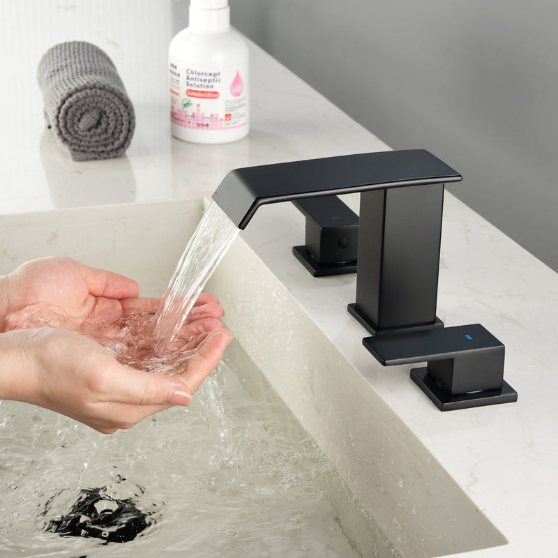 Deck-Mount Widespread Lavatory Faucet Waterfall 8-Inch 2-Handle Bathroom Faucet with Pop Up Drain - Matte Black, Brushed Nickel, Brushed Gold