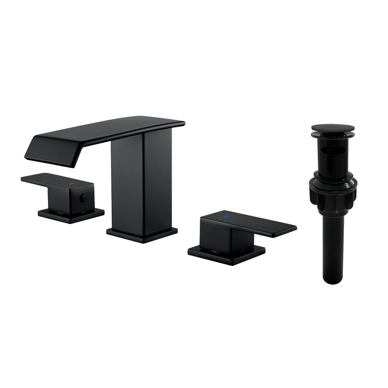 Deck-Mount Widespread Lavatory Faucet Waterfall 8-Inch 2-Handle Bathroom Faucet with Pop Up Drain - Matte Black, Brushed Nickel, Brushed Gold