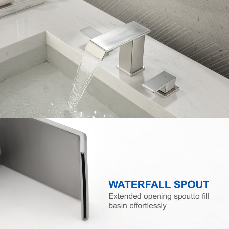Deck-Mount Widespread Lavatory Faucet Waterfall 8-Inch 2-Handle Bathroom Faucet with Pop Up Drain - Matte Black, Brushed Nickel, Brushed Gold
