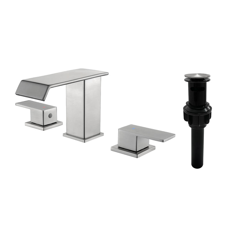Deck-Mount Widespread Lavatory Faucet Waterfall 8-Inch 2-Handle Bathroom Faucet with Pop Up Drain - Matte Black, Brushed Nickel, Brushed Gold